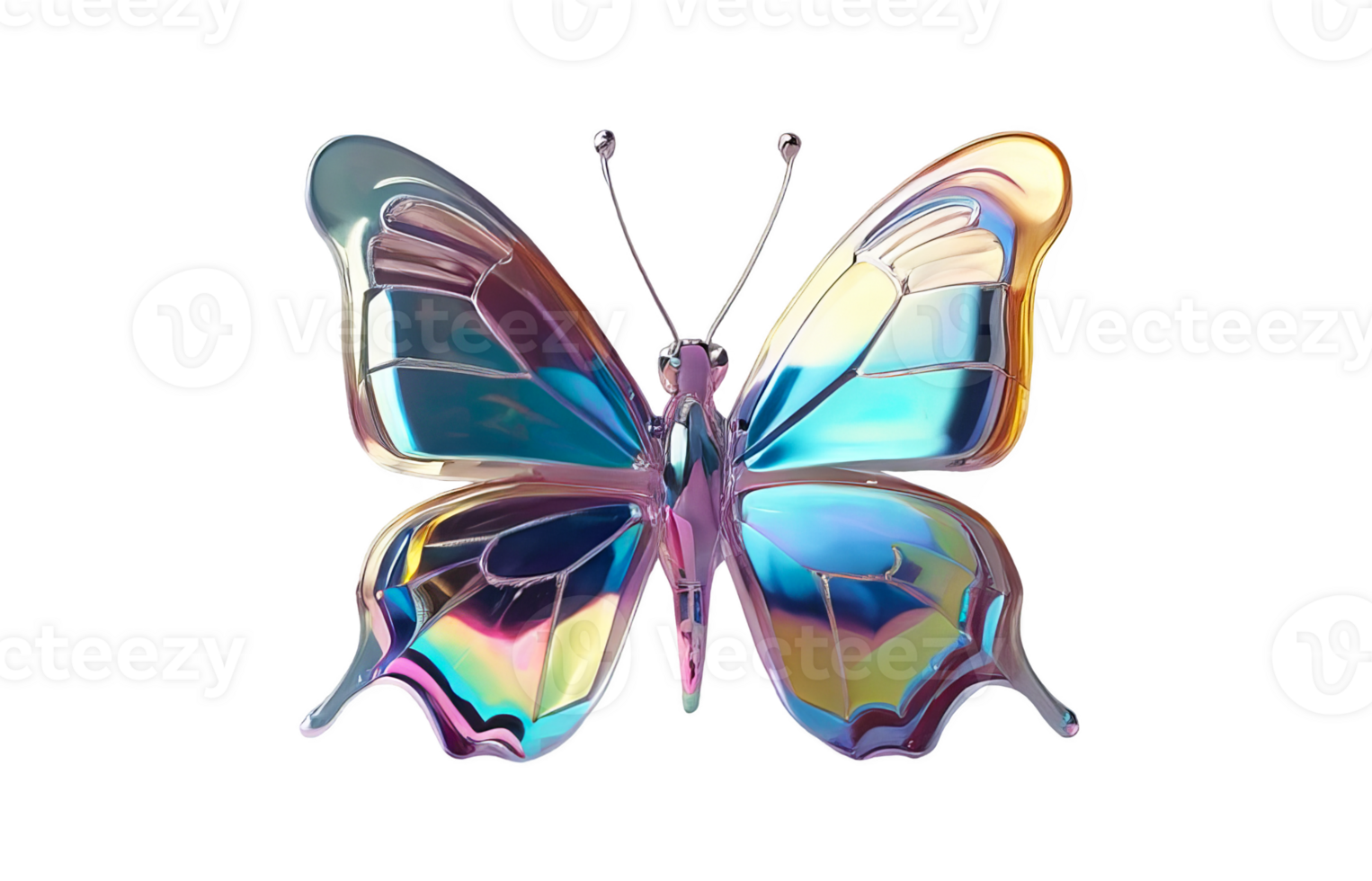 3D chrome element in Y2K style, isolated background, liquid holographic metal. A butterfly with rainbow colors made of glass, shiny reflective surface. png