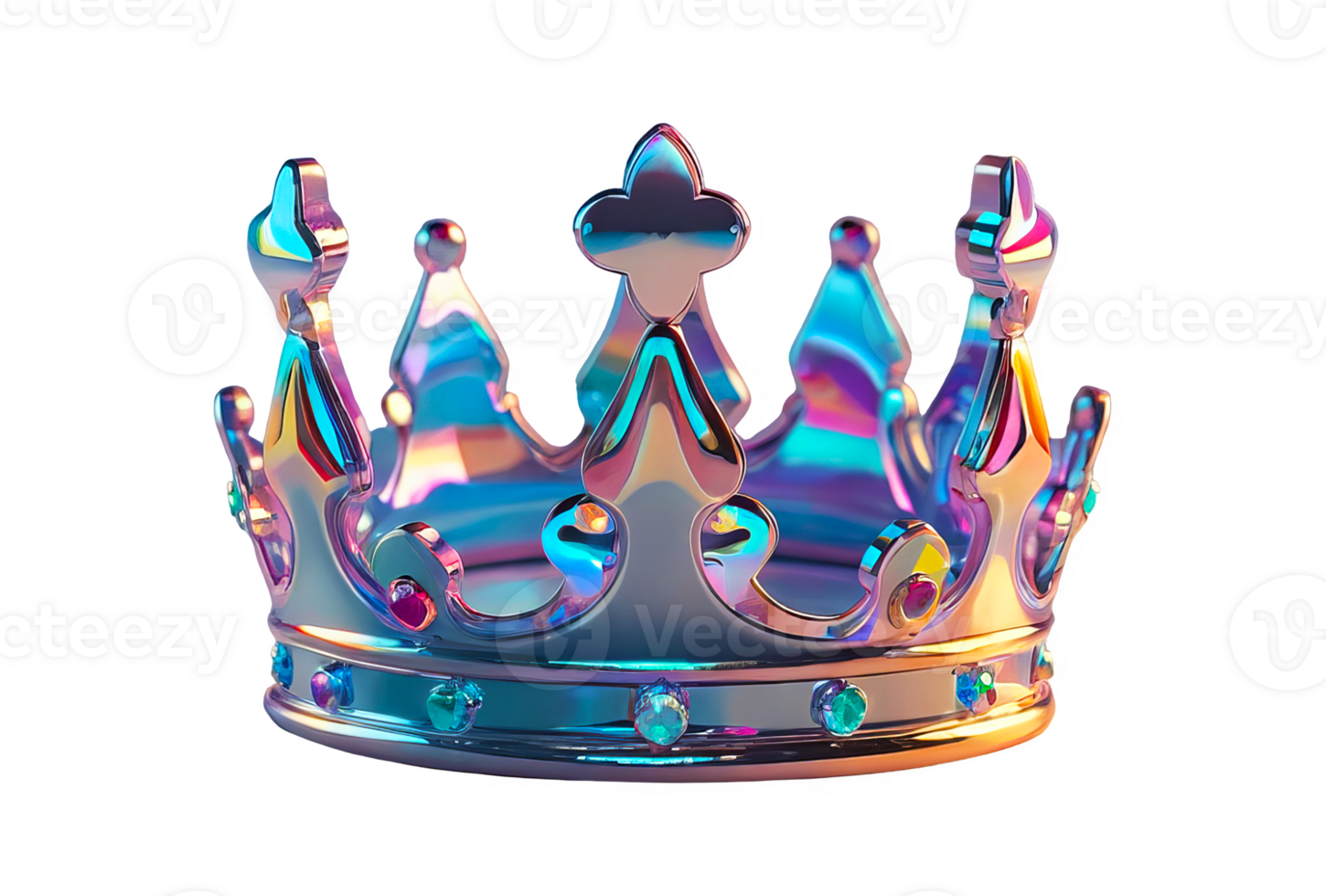 3D chrome element in Y2K style, isolated background, liquid holographic metal. A shiny, colorful crown with a blue and purple design. png