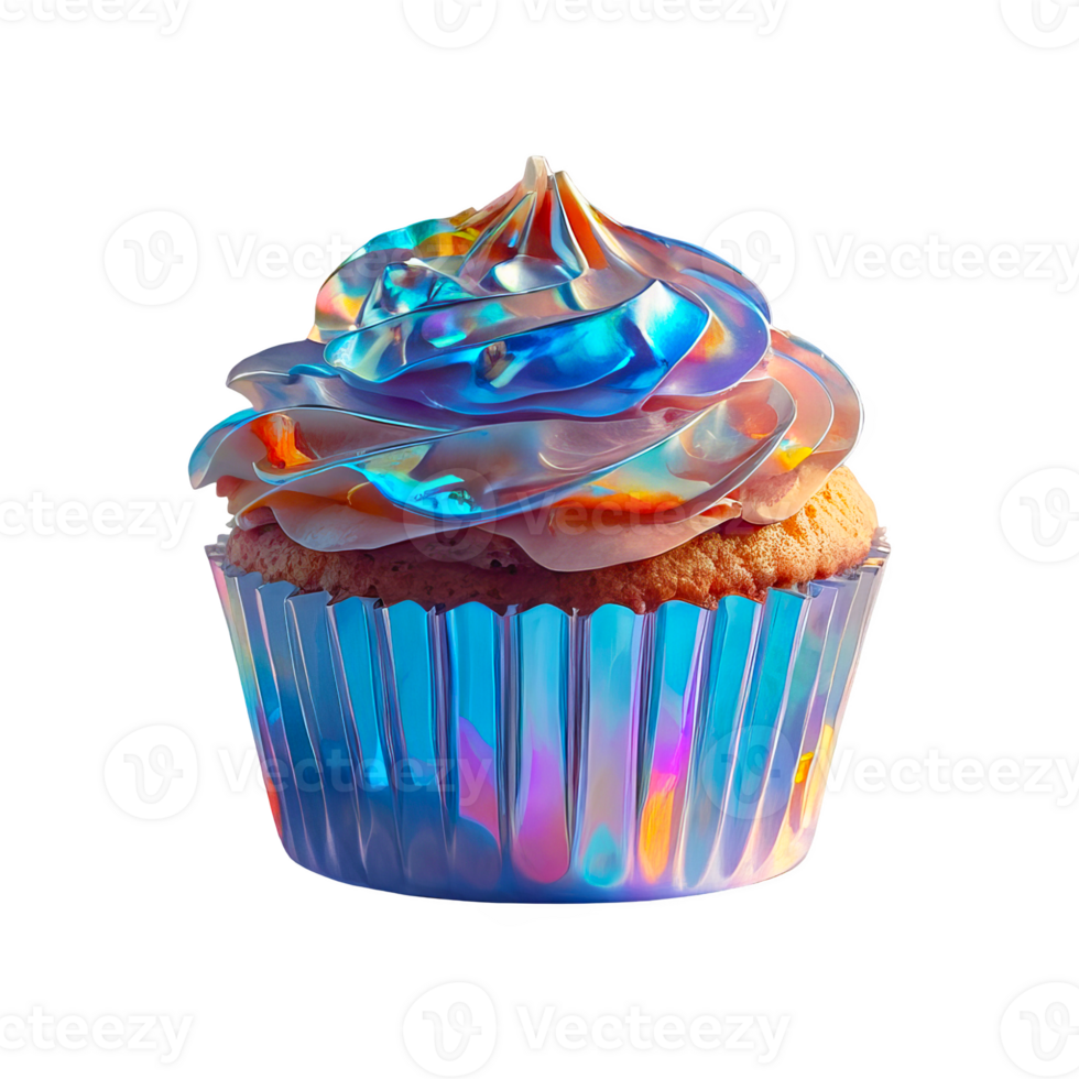 3D chrome holographic element in Y2K style, isolated background, liquid metal. Cupcake with a blue frosting and a rainbow swirl, shiny. png