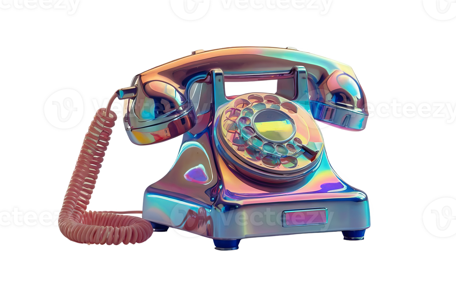 3D chrome element in Y2K style, isolated background, liquid holographic metal. Colorful phone with a rainbow colored dial, shiny surface. png