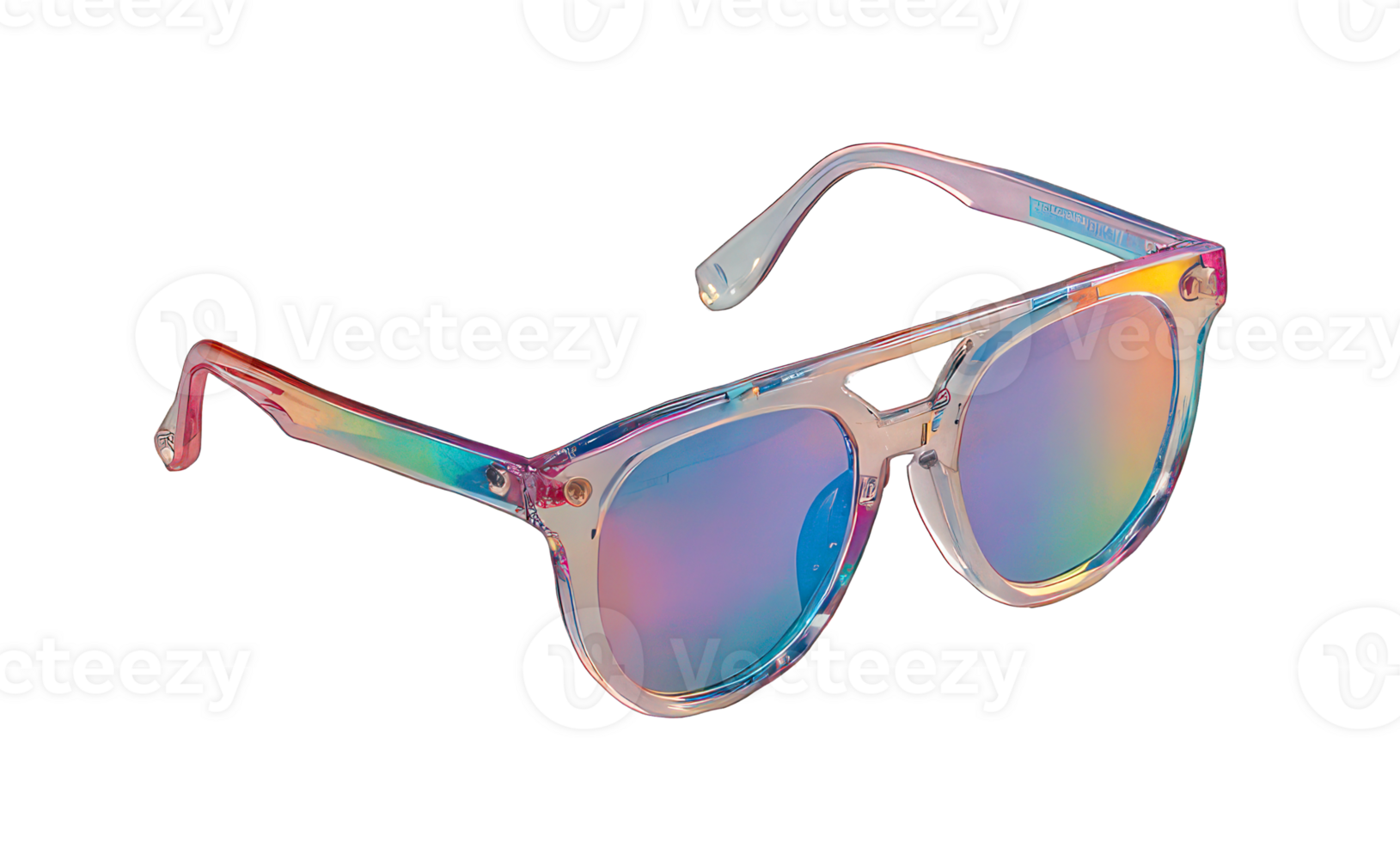 3D render holographic chrome Y2K element, isolated background. Liquid metal, sunglasses with a rainbow colored frame, clear reflective surface. png