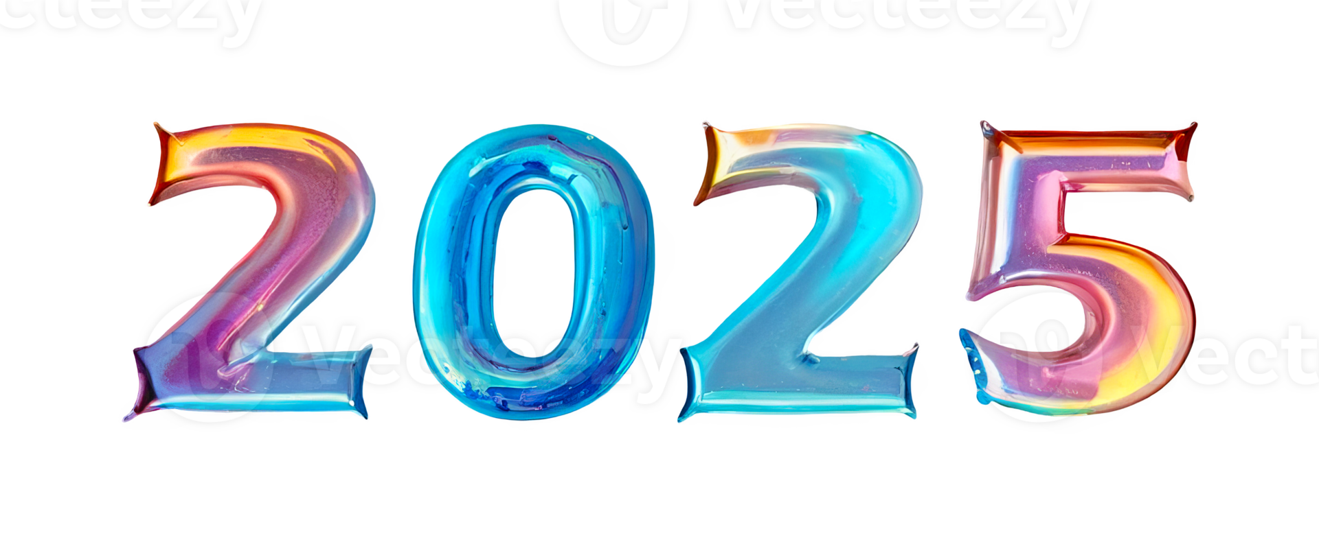 3D chrome holographic element in Y2K style, isolated background, liquid metal. The year 2025, colorful and vibrant letters. png