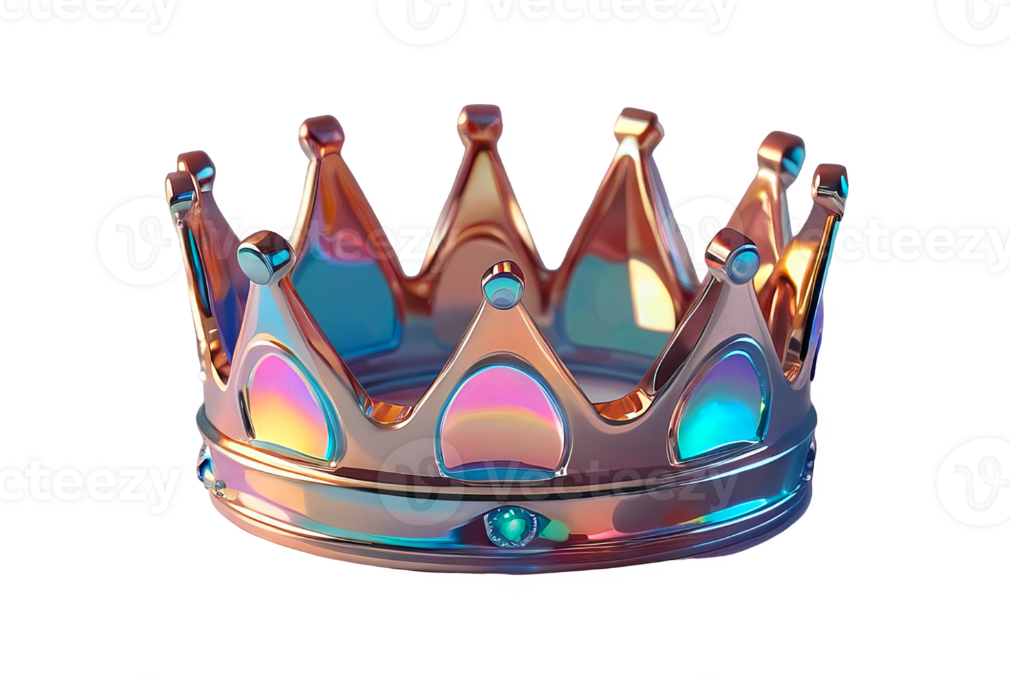 3D chrome element in Y2K style, isolated background, liquid holographic metal. A gold and blue crown with a rainbow design made of metal and has a shiny, metallic appearance. png