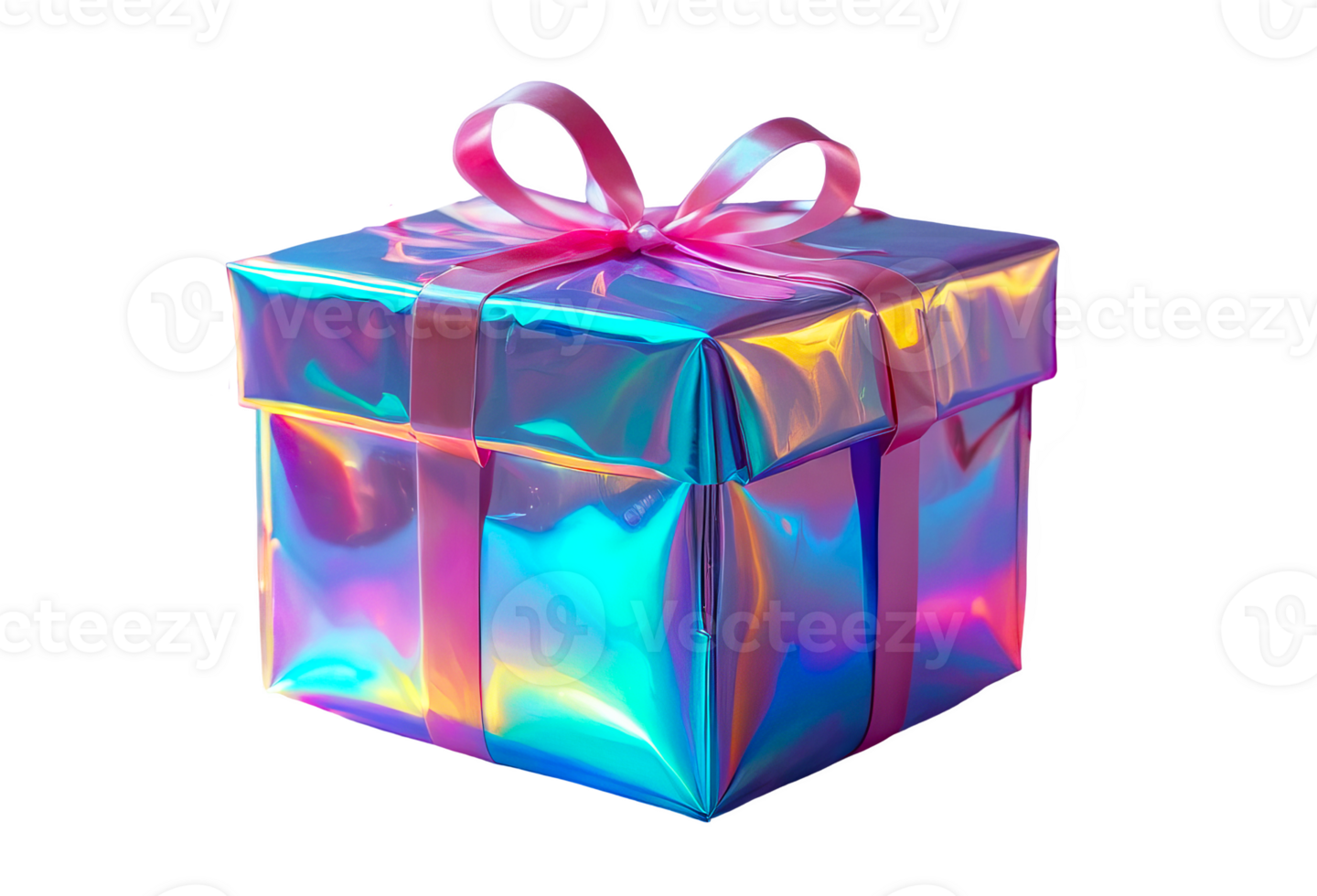 3D holographic Y2K element, isolated background. Liquid chrome metal, colorful box with a bow on top wrapped in shiny material and has a bright, festive appearance, gift. png