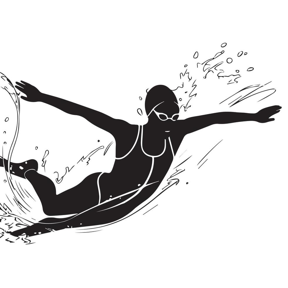 A black and white illustration of a swimmer vector
