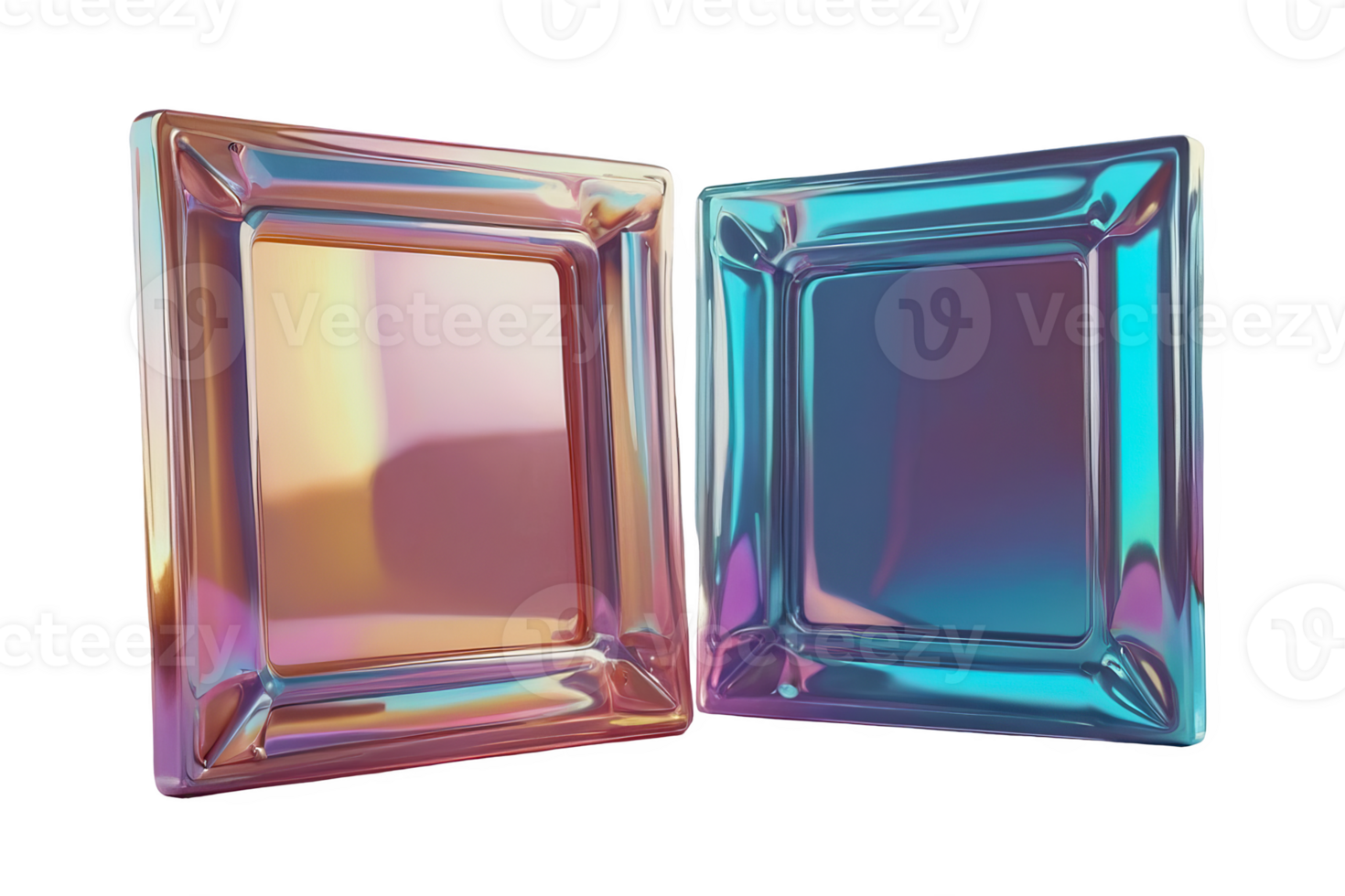 3D chrome element in Y2K style, isolated background, liquid holographic metal. Two square pieces of glass with a blue and pink hue. png