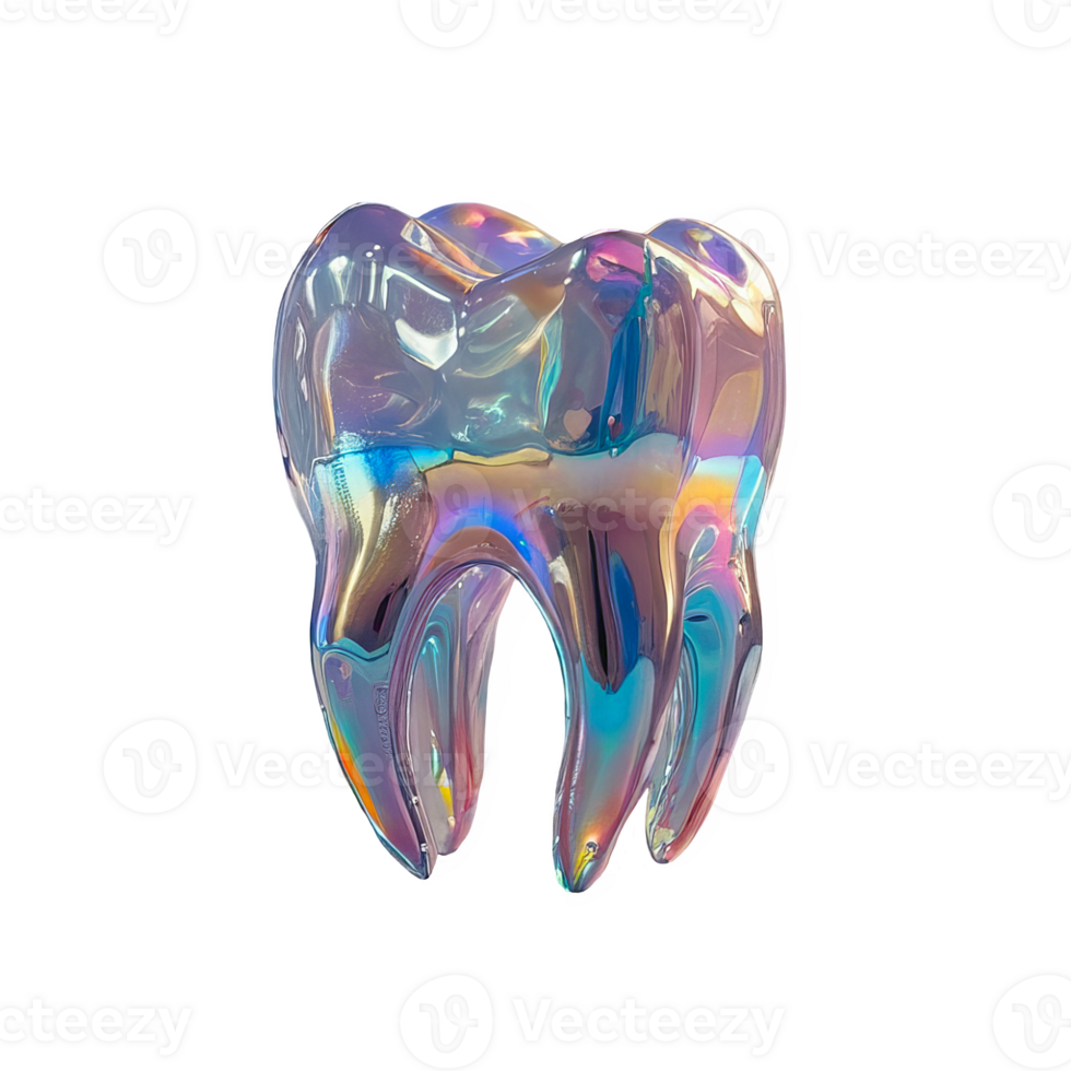 3D chrome element in Y2K style, isolated background, liquid holographic metal. Tooth in rainbow colors, with metallic sheen, shiny surface. png