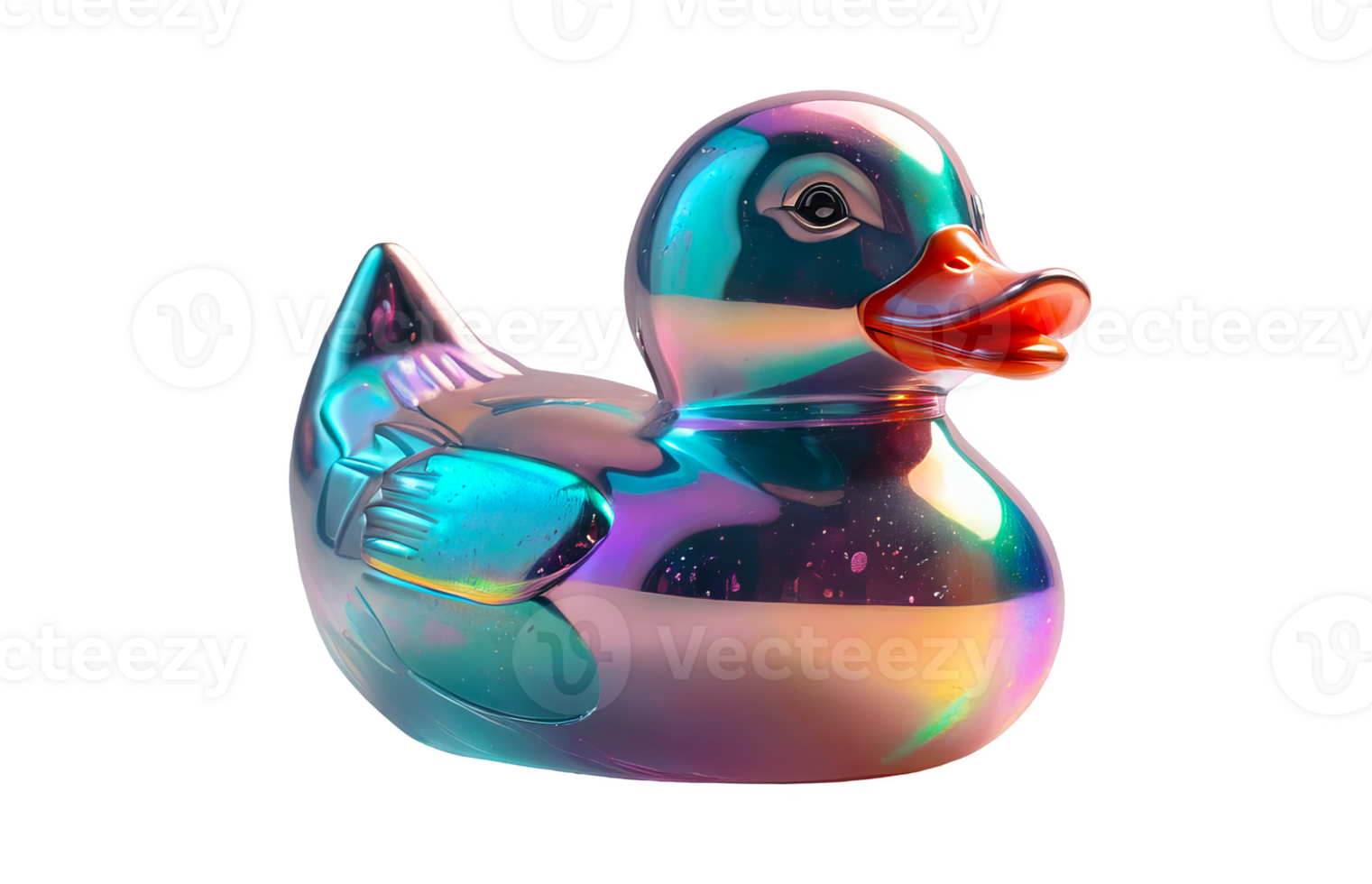 3D chrome element in Y2K style, isolated background, liquid holographic metal. The duck surrounded by a rainbow of colors, playful appearance. png