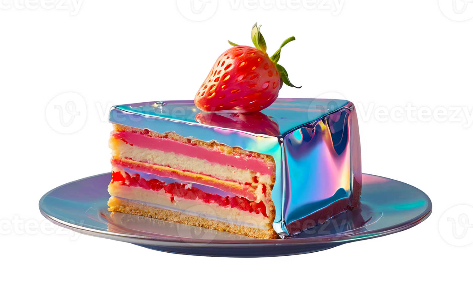 3D chrome element in Y2K style, isolated background, liquid holographic metal. A slice of cake with a strawberry on top, metallic finish. png