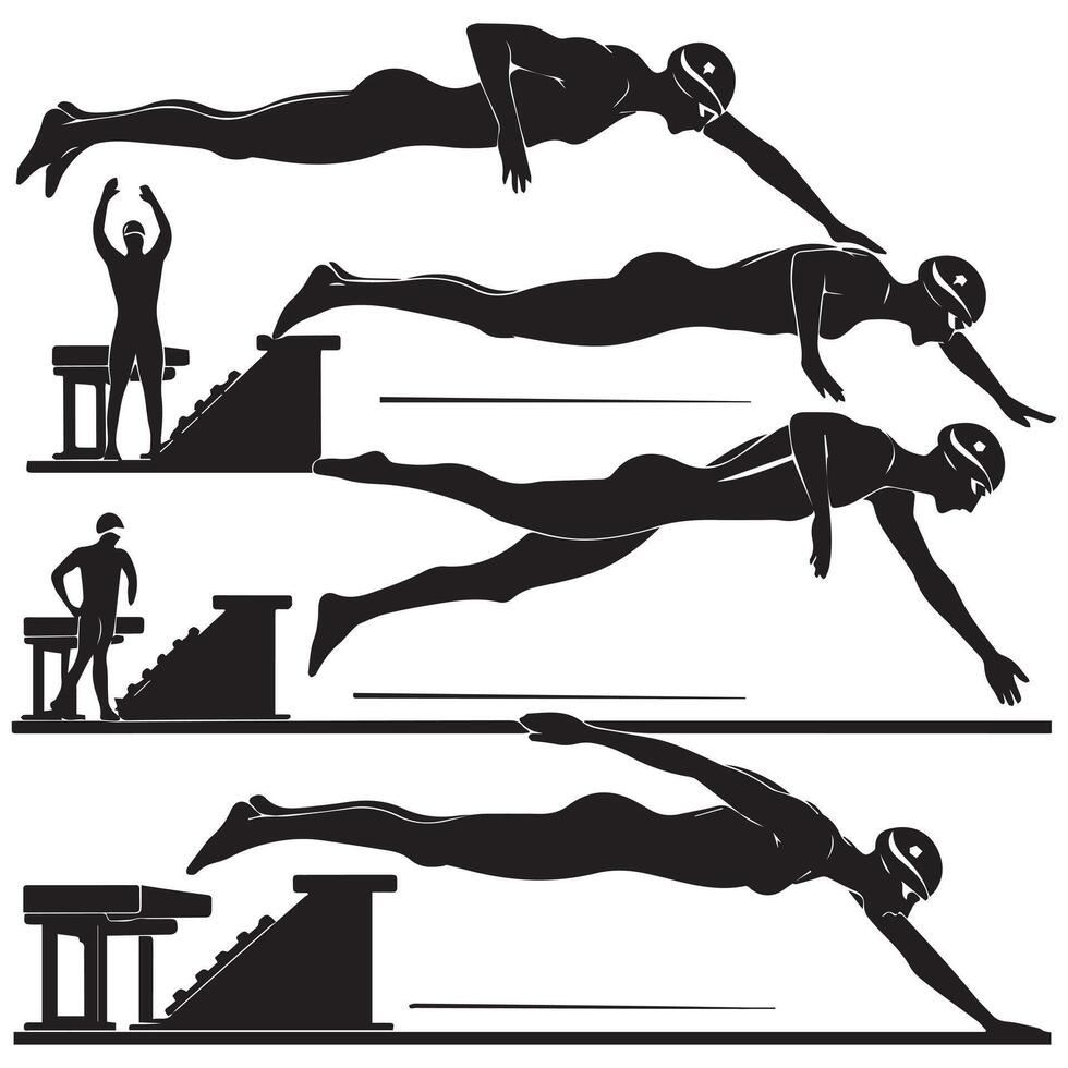 Silhouettes of swimmers in different positions vector