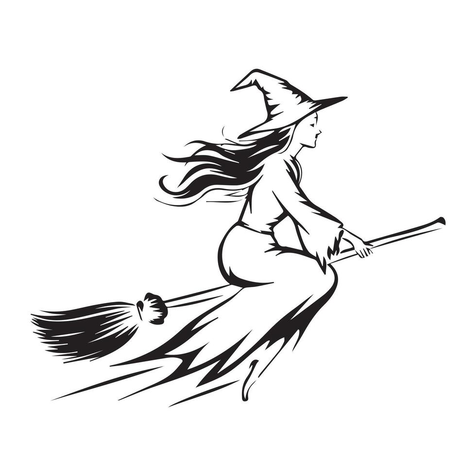 A black and white drawing of a witch flying on a broom vector