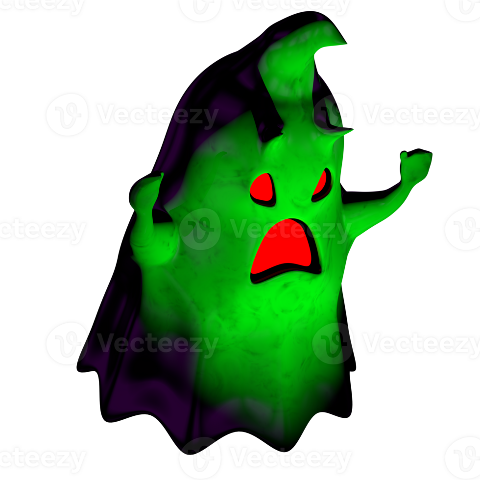 Side view of little green cartoon evil ghost with red mouth and eyes screaming png