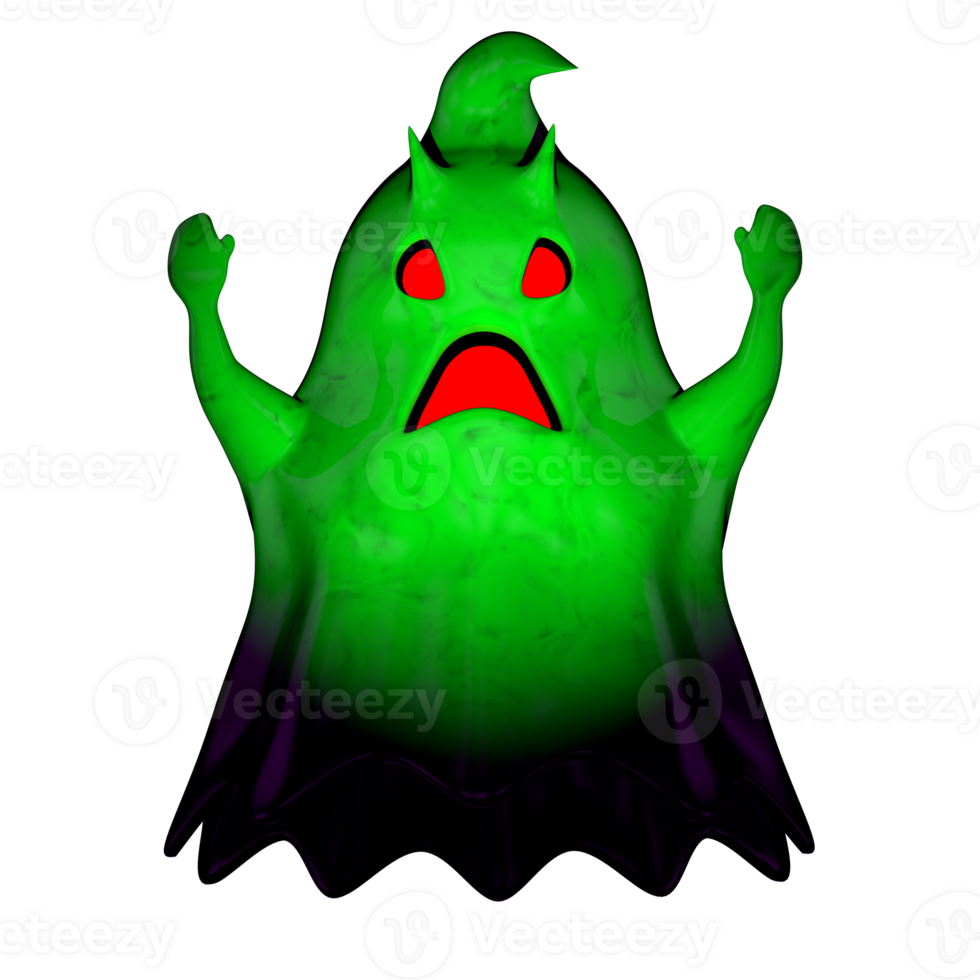Bottom view of little green cartoon evil ghost with red mouth and eyes screaming png