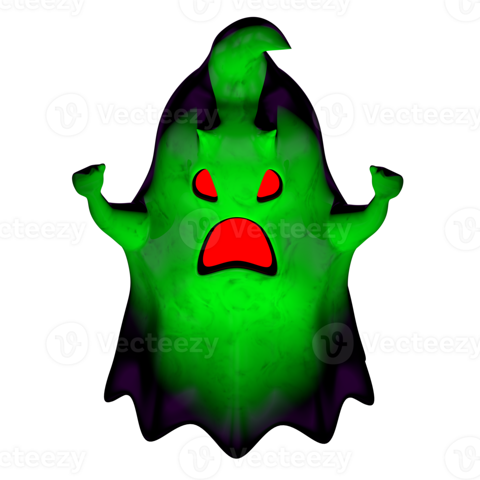 Front view of little green cartoon evil ghost with red mouth and eyes screaming png