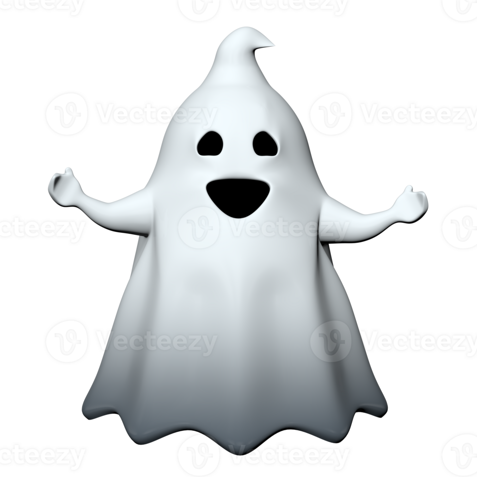 Front view of little happy white cartoon ghost with black mouth and eyes png