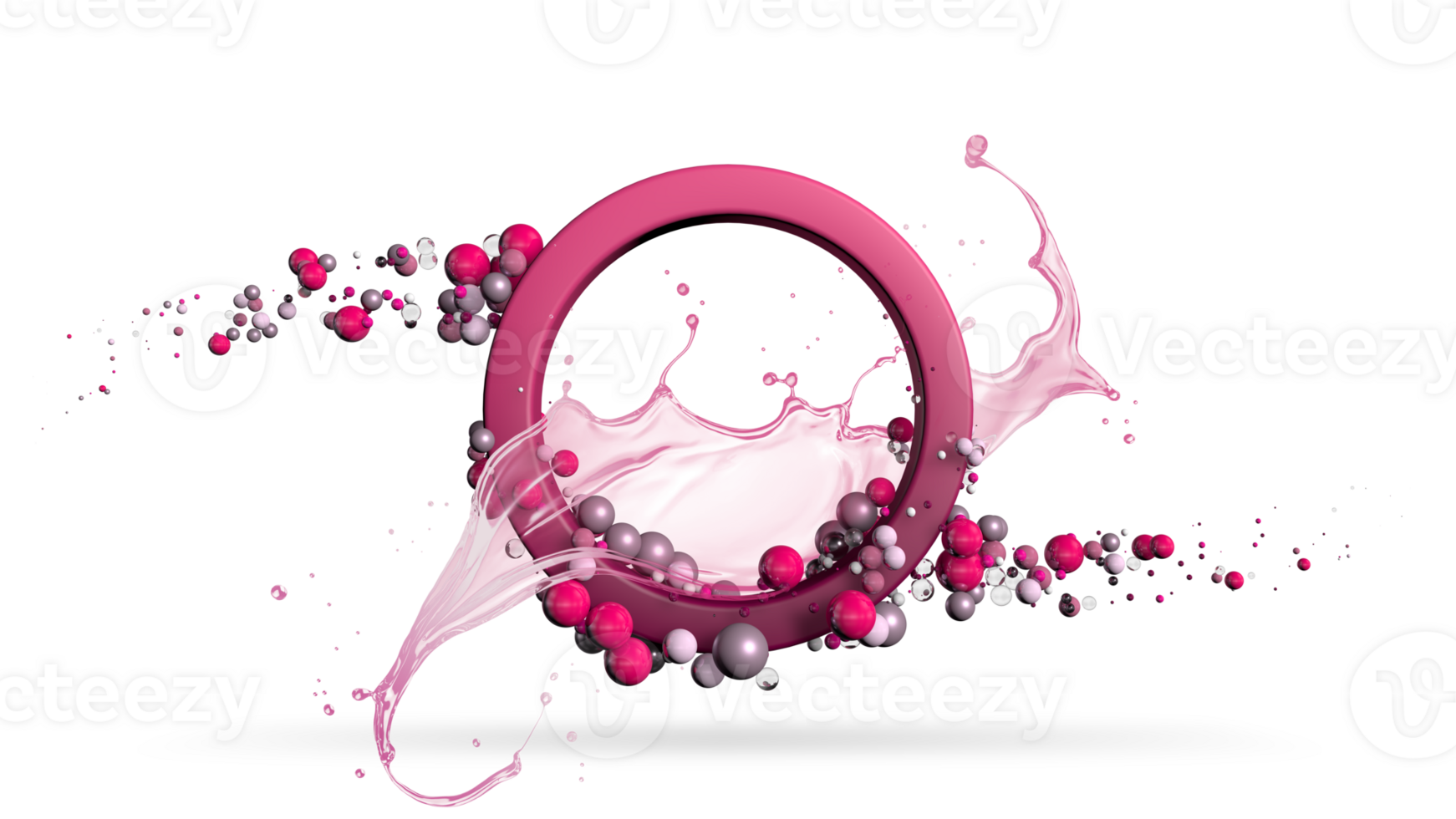 Abstract composition with red circular frame with pink liquid splash surrounded by red and grey spheres floating against grey background. 3D Illustration png