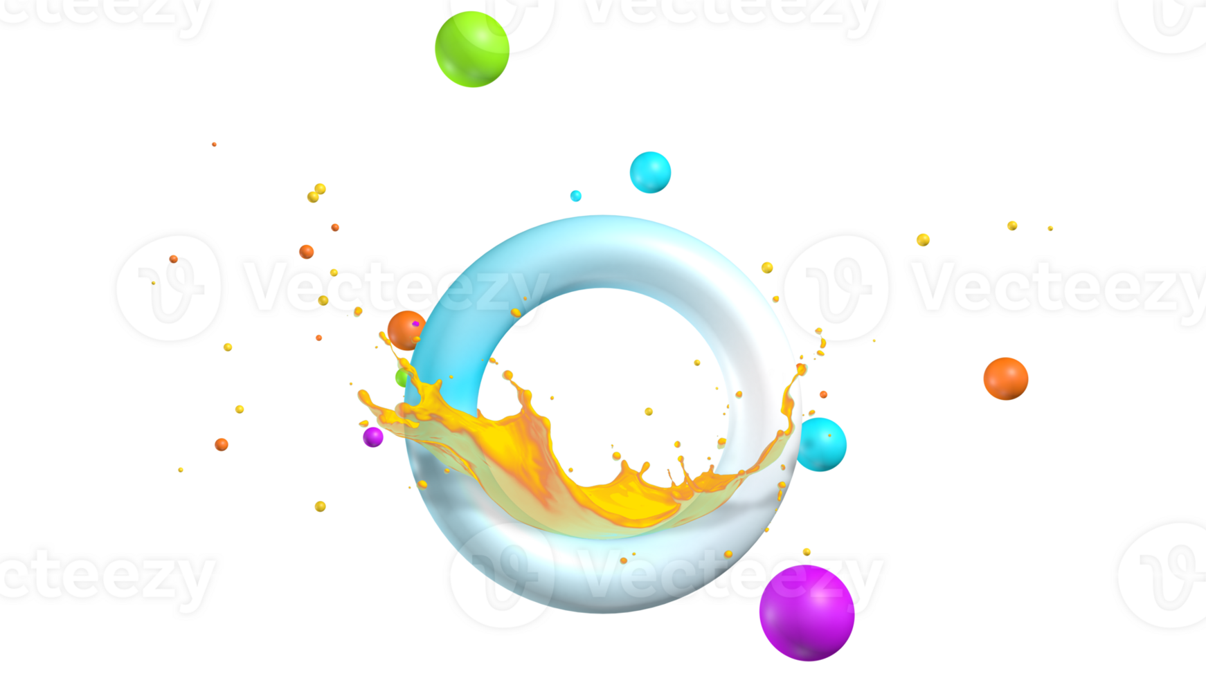 Abstract composition with a blue and white circular frame with a splash of yellow liquid surrounded by yellow and orange spheres floating against a gray background. 3D Illustration png