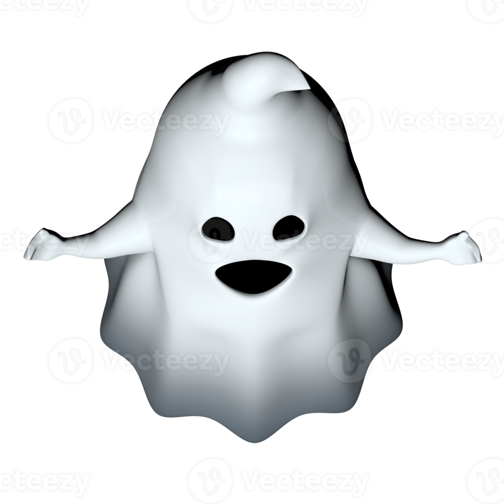 Top view of little happy white cartoon ghost with black mouth and eyes png
