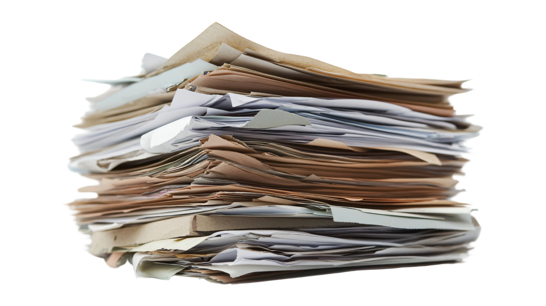 Large pile stack of business documents papers administrative office corporate isolated on transparent background png