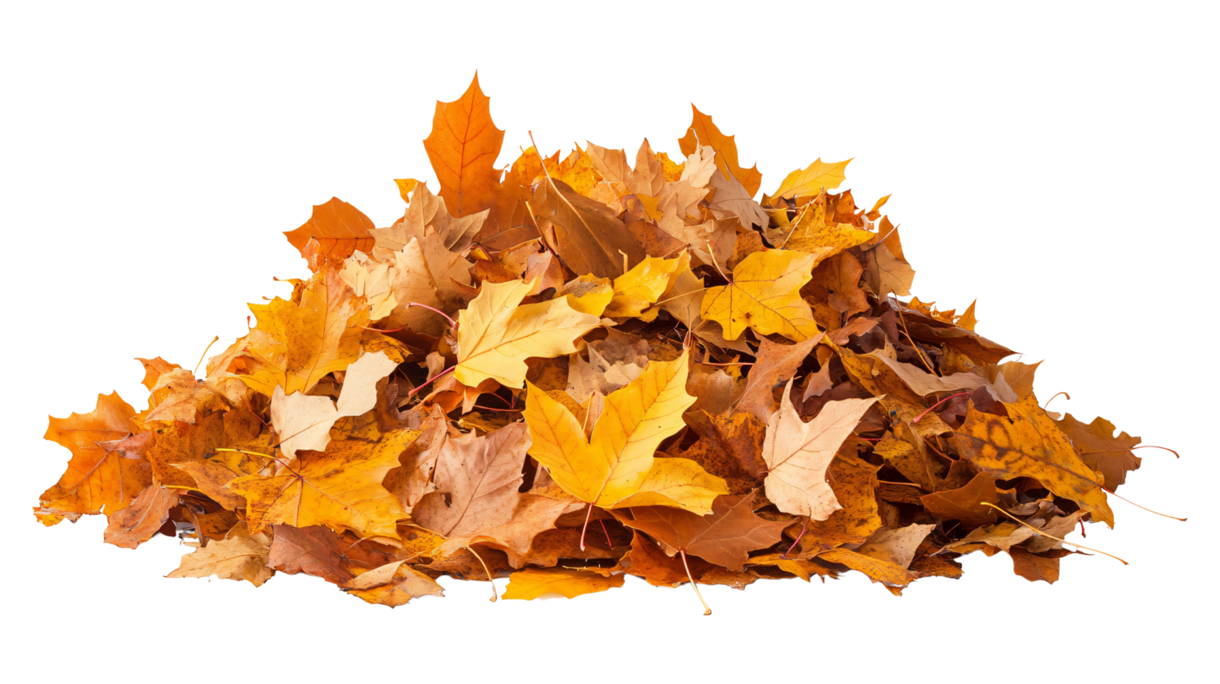 Pile heap bright orange, yellow, and red autumn maple dried leaves fall seasonal isolated on transparent background png