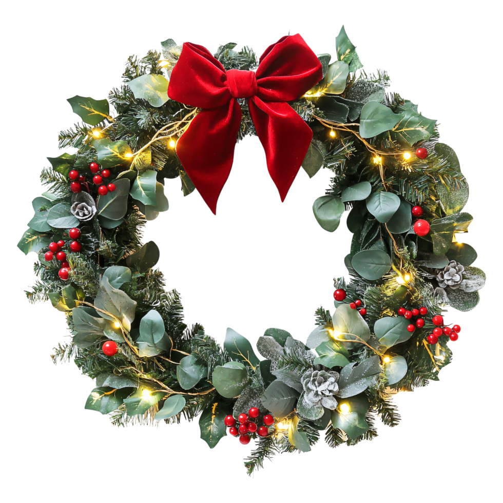 Christmas wreath round circular frame border decorated with red bow ribbon conifer branches berries isolated on transparent background png