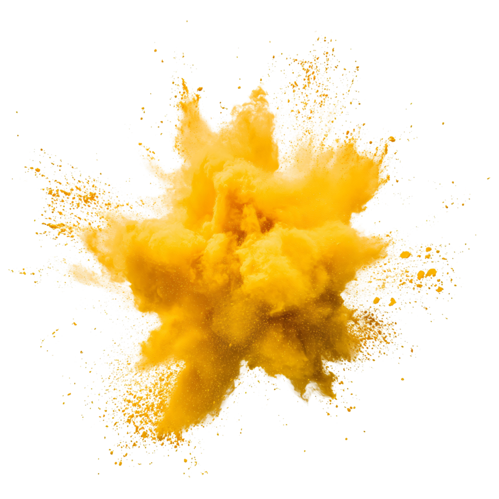 Yellow powder dust explosion blast flying isolated on transparent background png