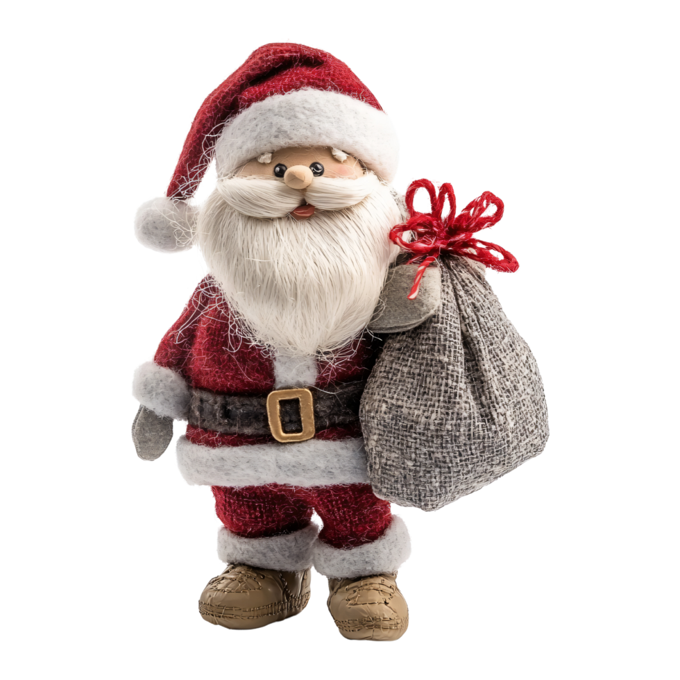 Plush Santa clause toy doll bring Christmas gift bag isolated on transparent background png