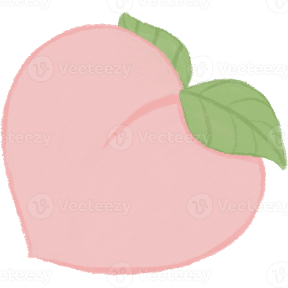 A simple illustration of a peach, showing it in light pink with two green leaves. The design is simple and has a soft, pastel-like texture. Focusing on the round shape of the peach. png