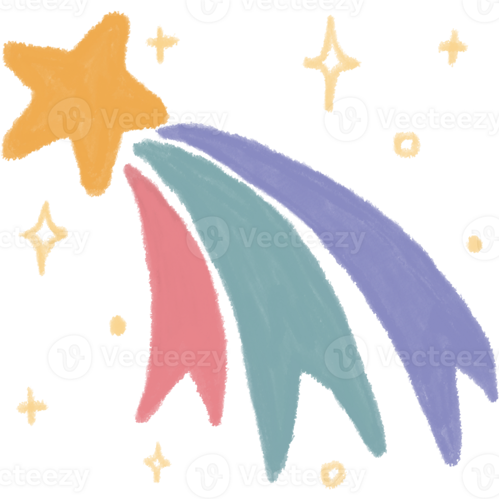 Illustration of a meteor with a yellow star in front and colorful lines in pink, green, and purple. Around the meteor there are sparks and tiny stars. It creates an unusual and playful look. png