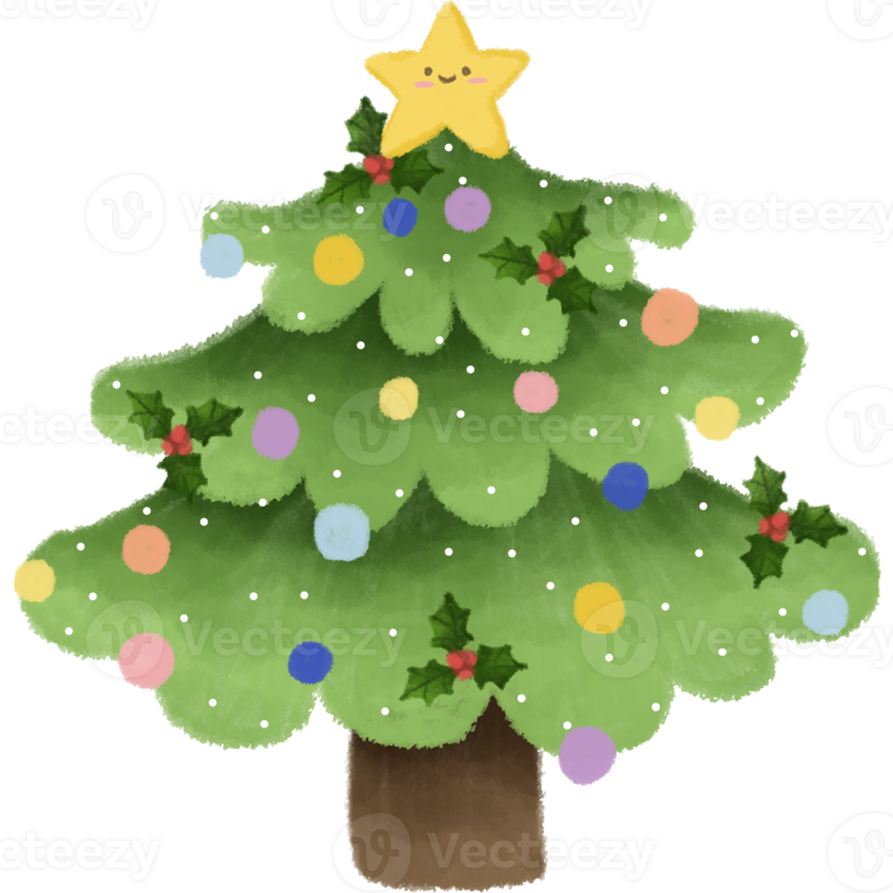 Illustration of a Christmas tree decorated with colorful ornaments, holly leaves and a yellow star at the top with a cute face. The tree has a soft and playful design with a holiday theme. png