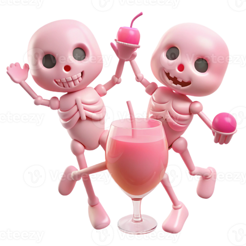 Pink Skeletons Celebrating with a Pink Drink and Candy png