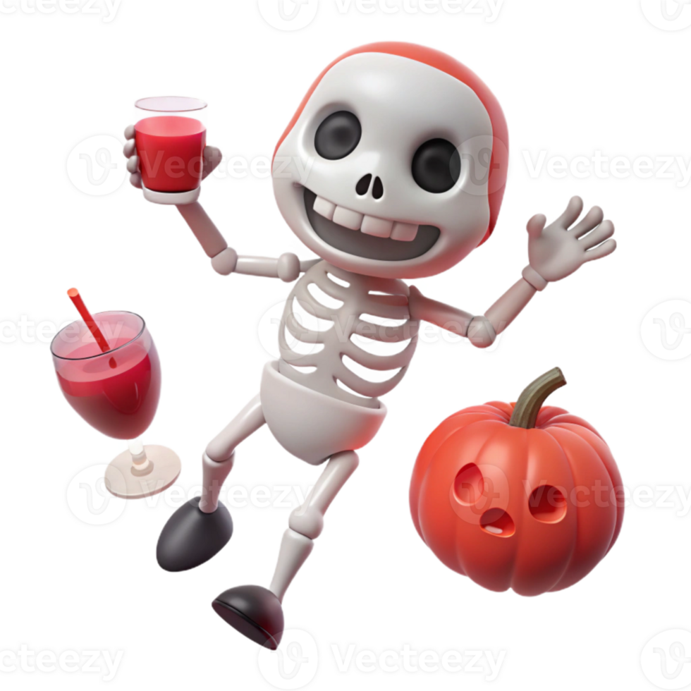 Happy Skeleton with Pumpkin and Drink for Halloween png