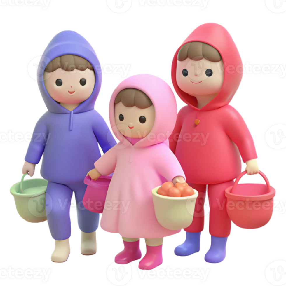 Three Cute Cartoon Characters in Hoodies Holding Buckets png