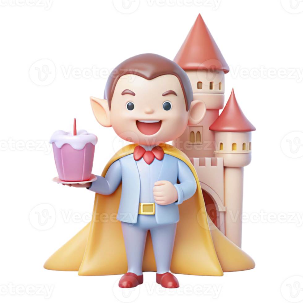 Smiling 3D Cartoon Character with Cake and Castle png