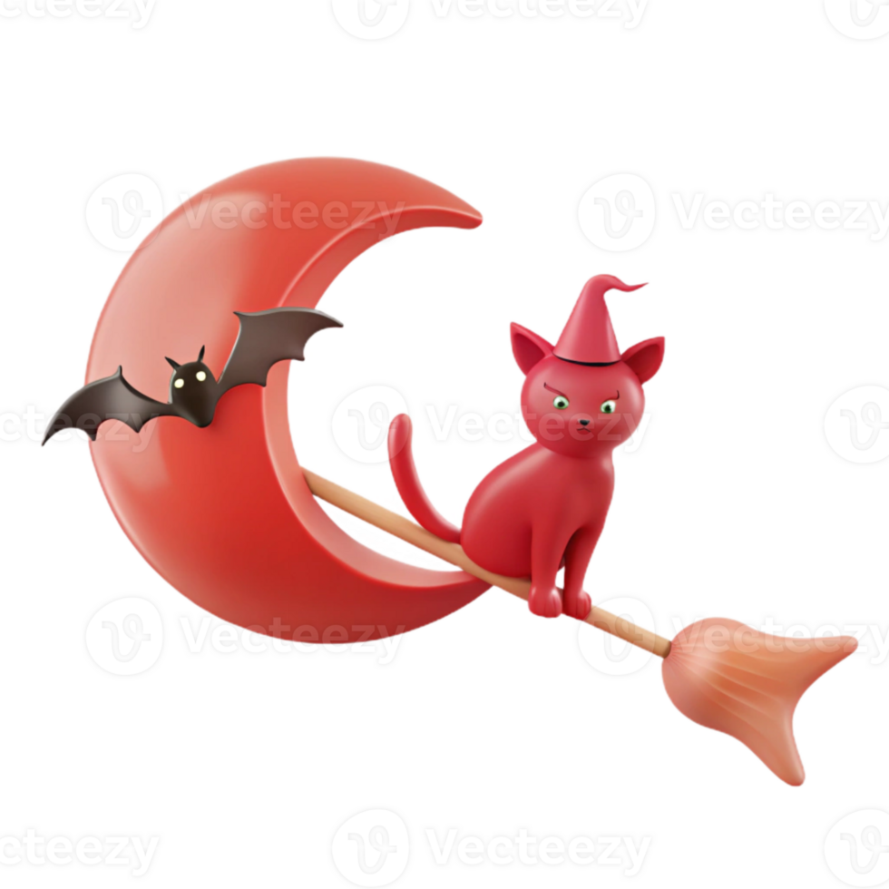 Red Cat Witch Flying on a Crescent Moon with a Bat png