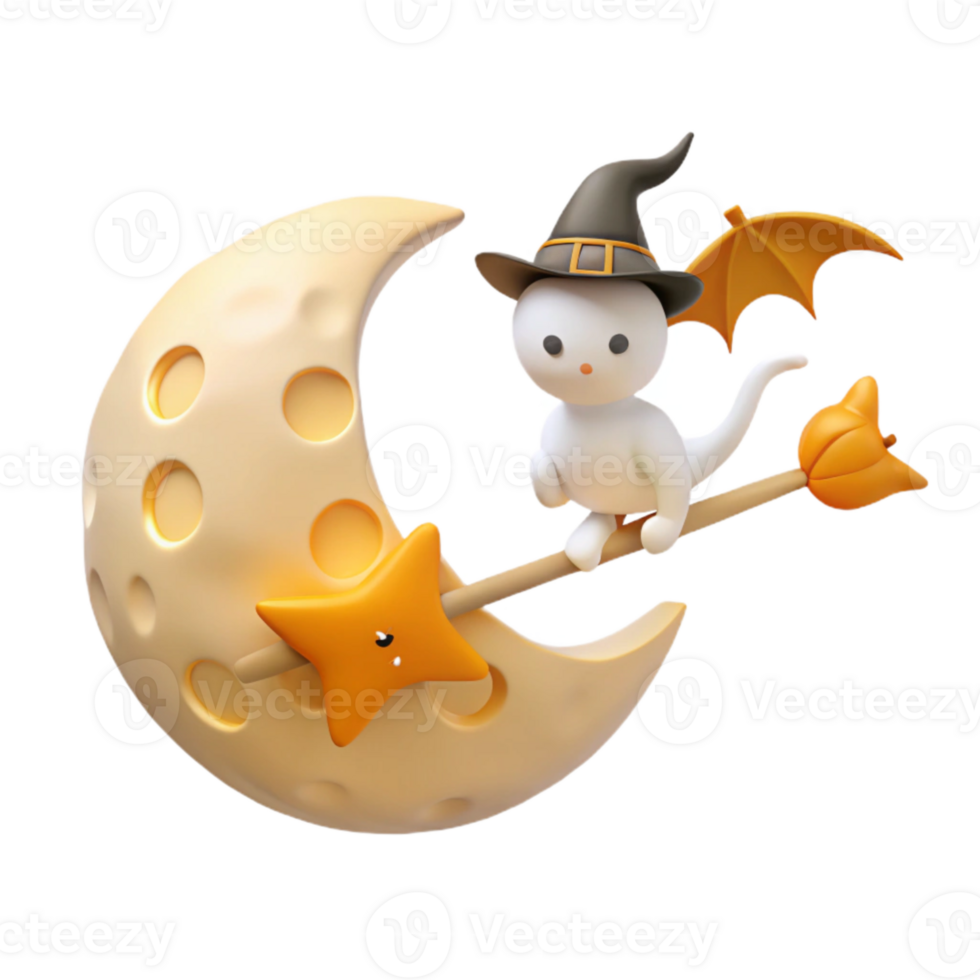 Cute Halloween Cat with Witch Hat on Crescent Moon png