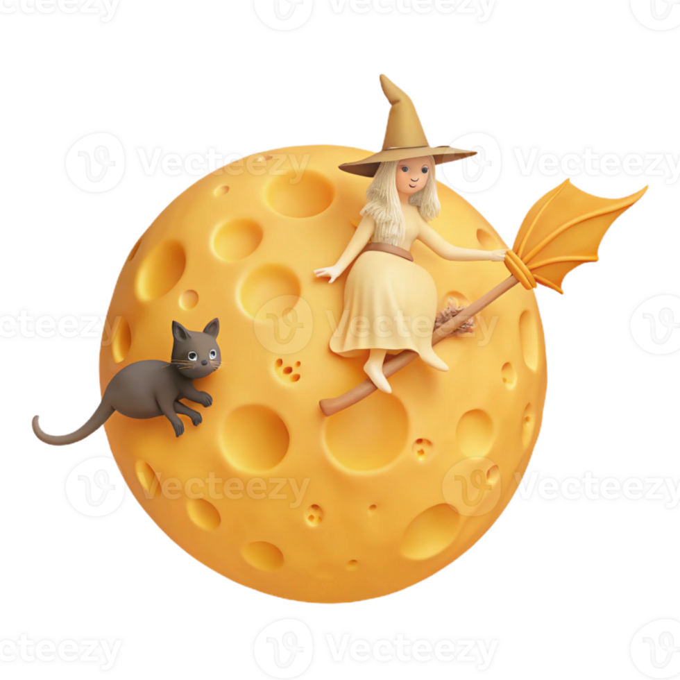 Witch Flying on Broom with Cat on Cheese Moon png