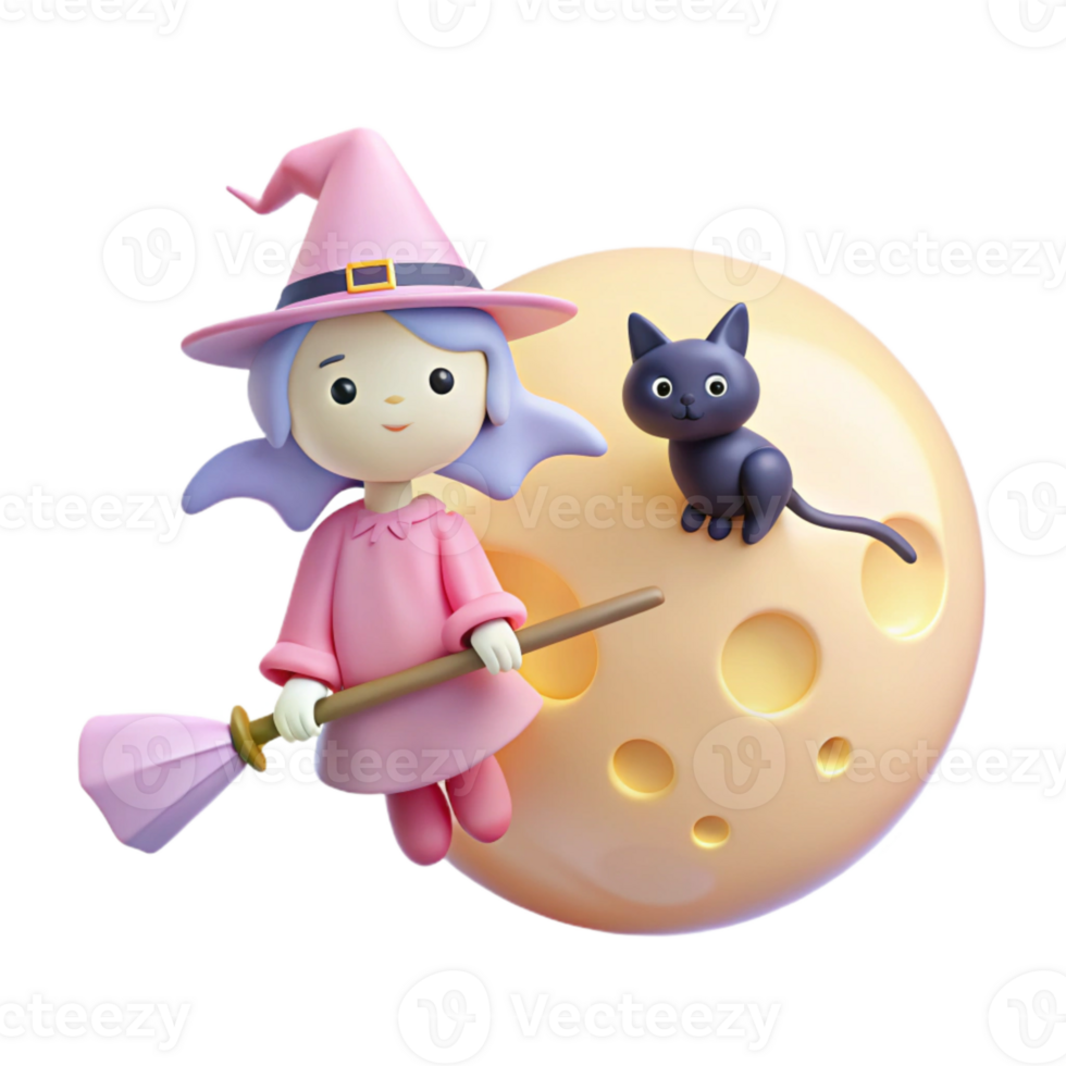 Cute Witch Flying on a Crescent Moon with a Black Cat png