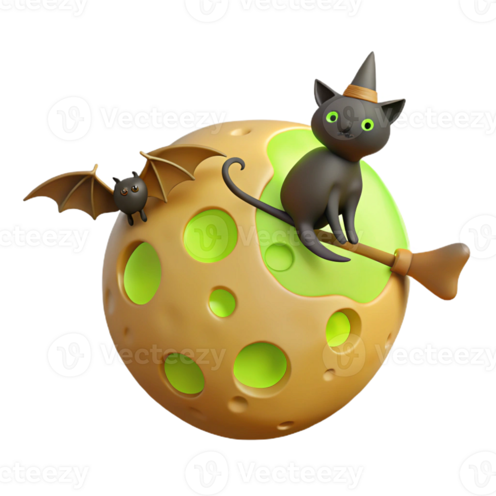 Cute Halloween Cat on a Broom with Bat on a Moon png