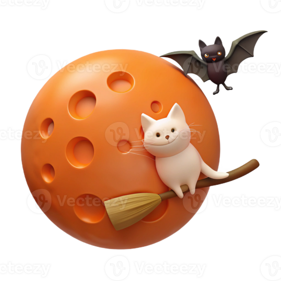 Cute Cat Flying on a Broom with a Bat Under a Full Moon png
