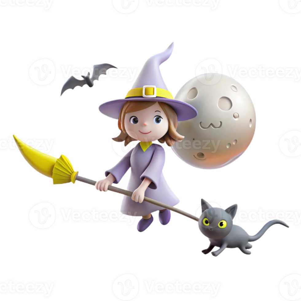 Cute Witch Flying on a Broom with a Black Cat and Moon png