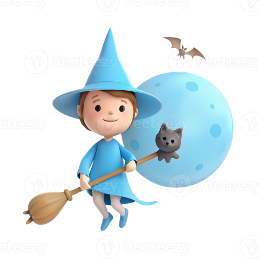 Cute Witch Flying on Broom with Black Cat and Full Moon png