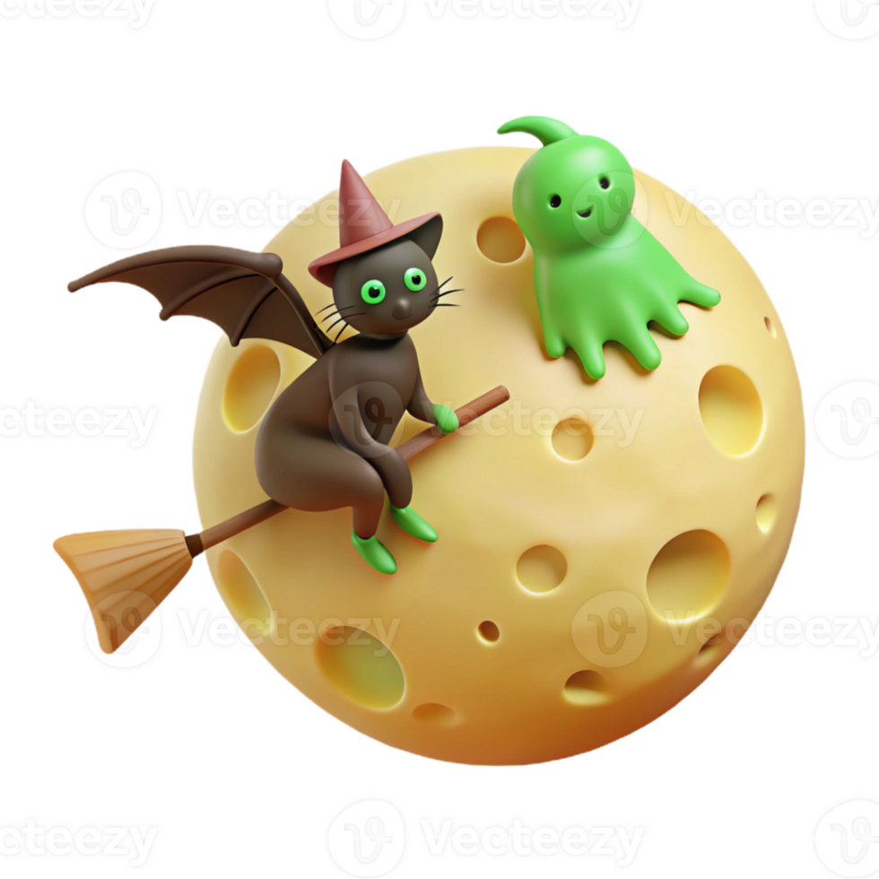 Cute 3D Halloween Cat Flying on a Broom with Ghost on the Moon png
