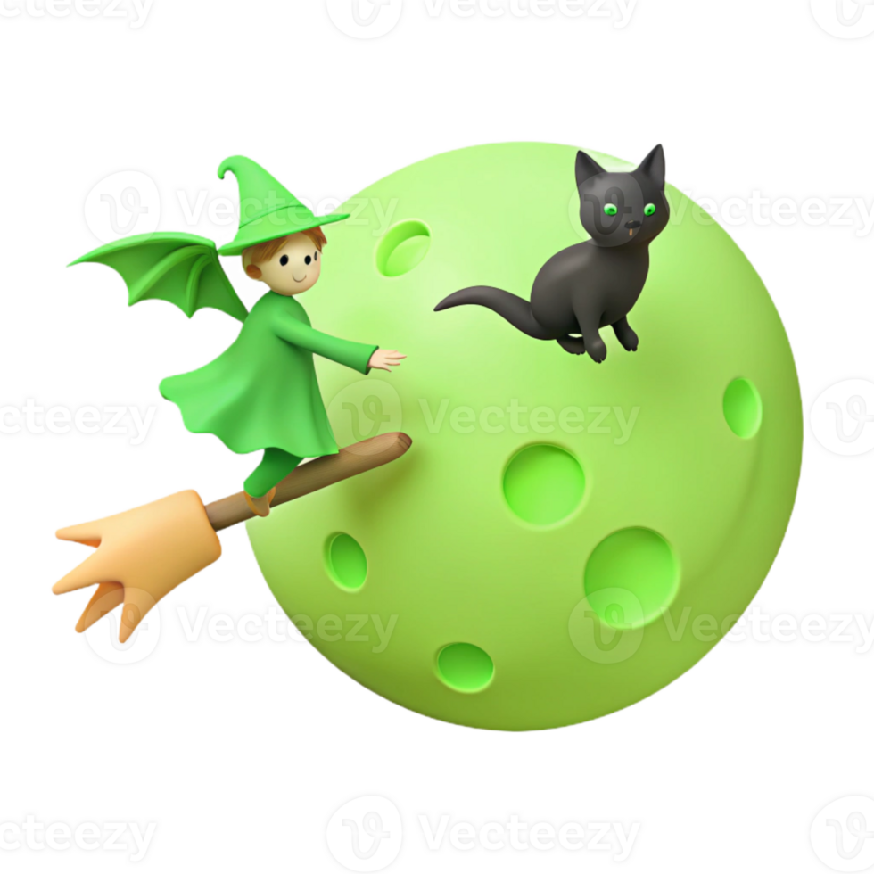 Witch Flying on a Broom with a Black Cat on a Green Moon png