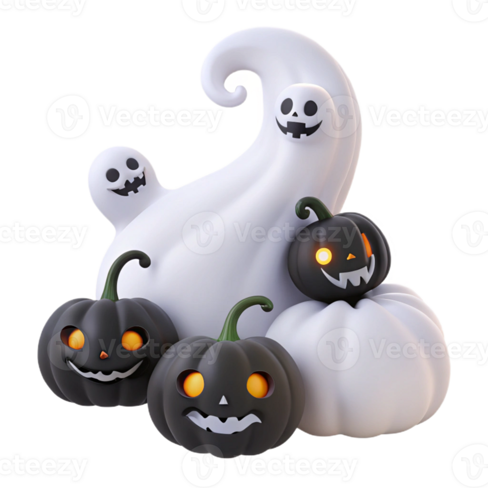 Spooky Halloween Pumpkins and Ghosts 3D Render png