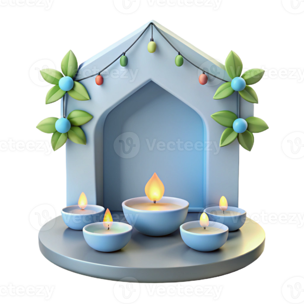 3D Render of Candles in a House-Shaped Structure Decorated with Flowers and Lights png
