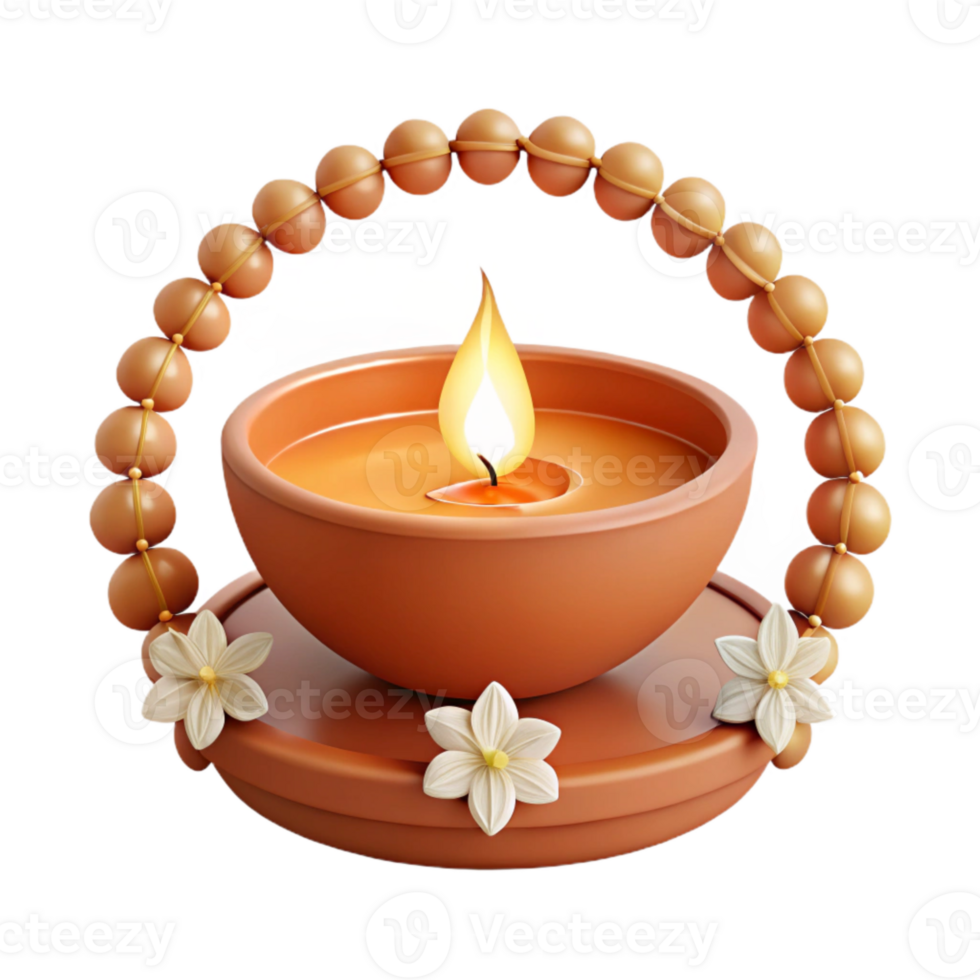 Lit Candle on Clay Base with White Flowers and Beads png
