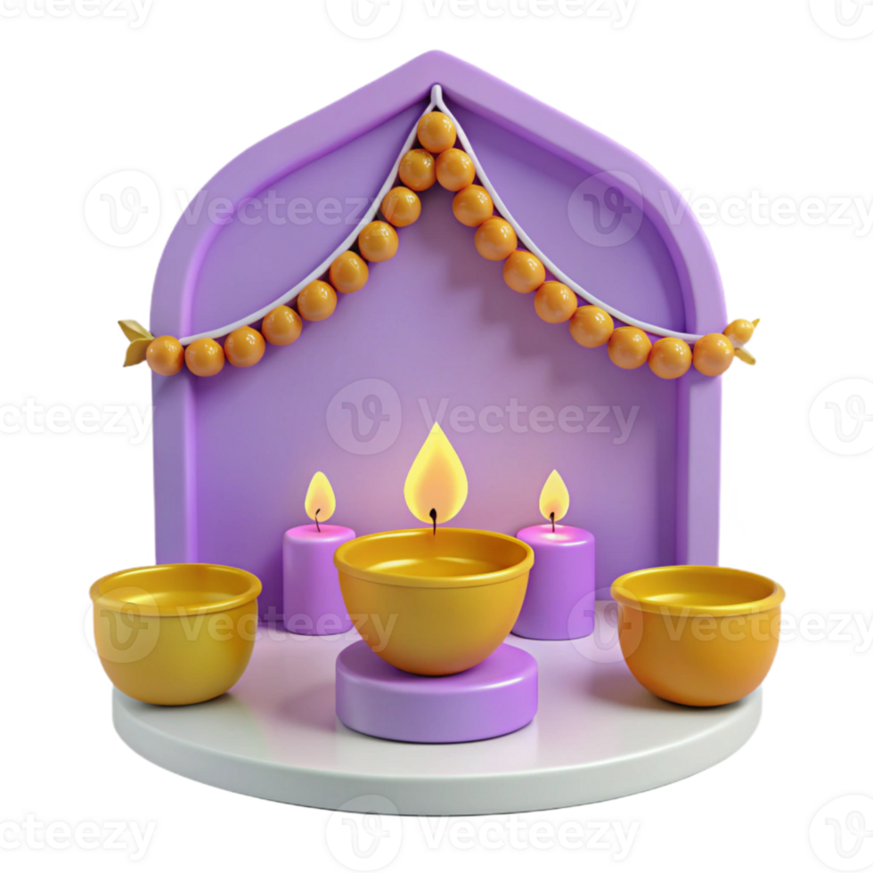 3D Render of a Festive Diya and Candle Arrangement png