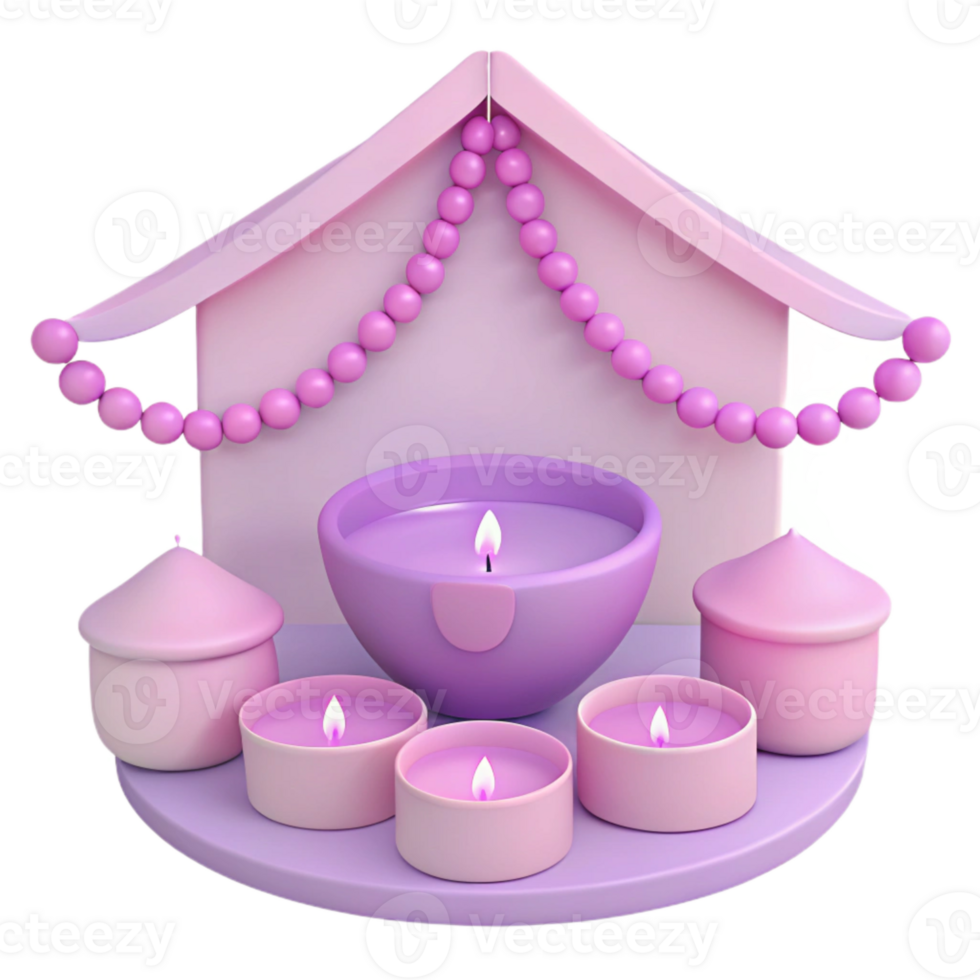 3D Rendered Pink Candle Holders with a House Shaped Stand and Beaded Garland png