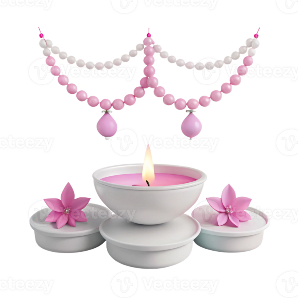 Pink Candle with Pearl Garland and Flowers png